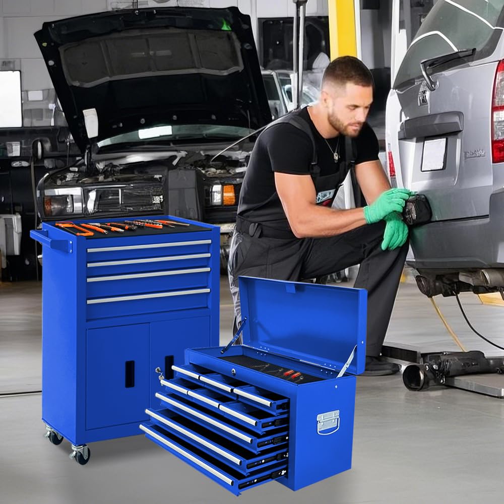 13-Drawer Rolling Tool Chest with Double Doors, 2 in 1 Detachable Rolling Tool Chest Combo, Mobile Tool Cabinet with Drawers, Metal LarLockable Tool Box for GaraWorkshop (Blue)