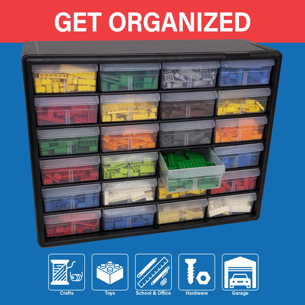 24-Drawer Plastic Drawer StoraCabinet for GaraOrganization, Bead Organizer, Building Bricks Storage, Teacher Toolbox, Makeup Organizer, 20" W x 6" D x 16" H, 10124 Black