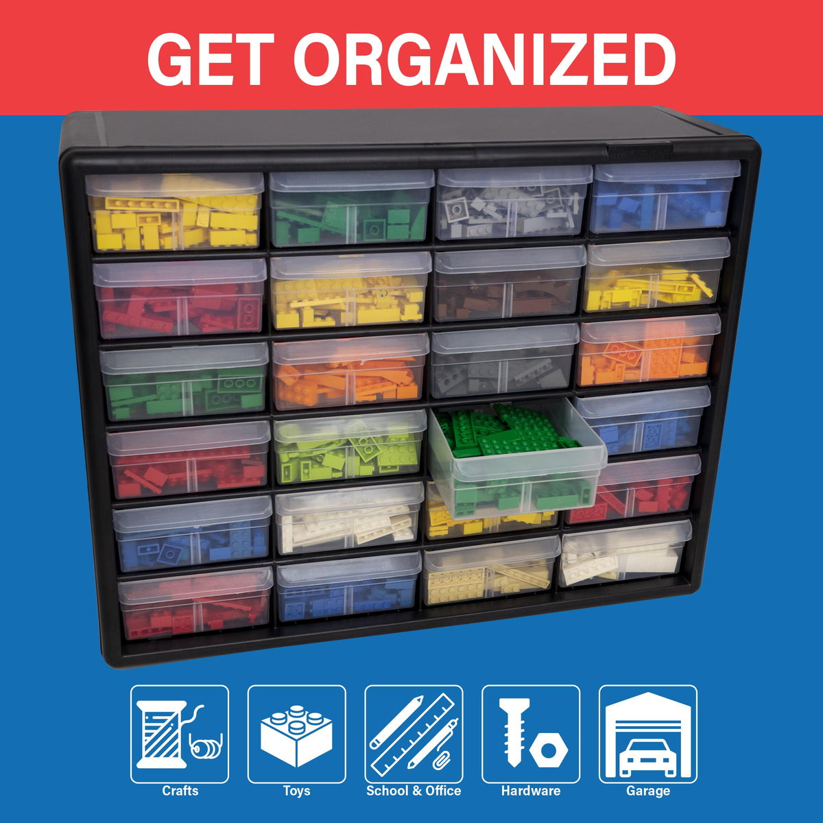 24-Drawer Plastic Drawer StoraCabinet for GaraOrganization, Bead Organizer, Building Bricks Storage, Teacher Toolbox, Makeup Organizer, 20" W x 6" D x 16" H, 10124 Black