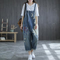 Summer Retro Flower Printed Loose Denim Overalls