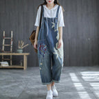 Summer Retro Flower Printed Loose Denim Overalls