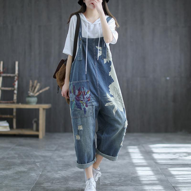 Summer Retro Flower Printed Loose Denim Overalls
