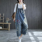 Summer Retro Flower Printed Loose Denim Overalls