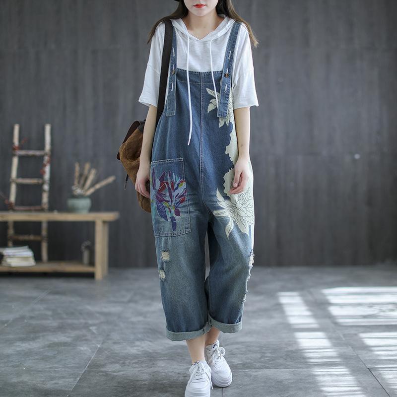 Summer Retro Flower Printed Loose Denim Overalls