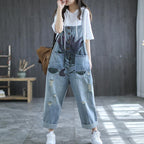 Summer Retro Flower Printed Loose Denim Overalls
