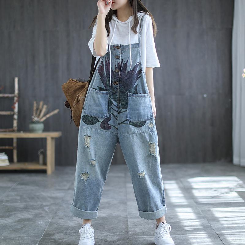 Summer Retro Flower Printed Loose Denim Overalls