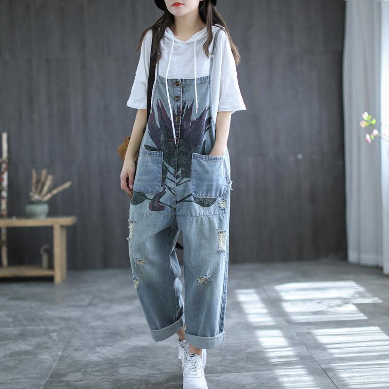 Summer Retro Flower Printed Loose Denim Overalls