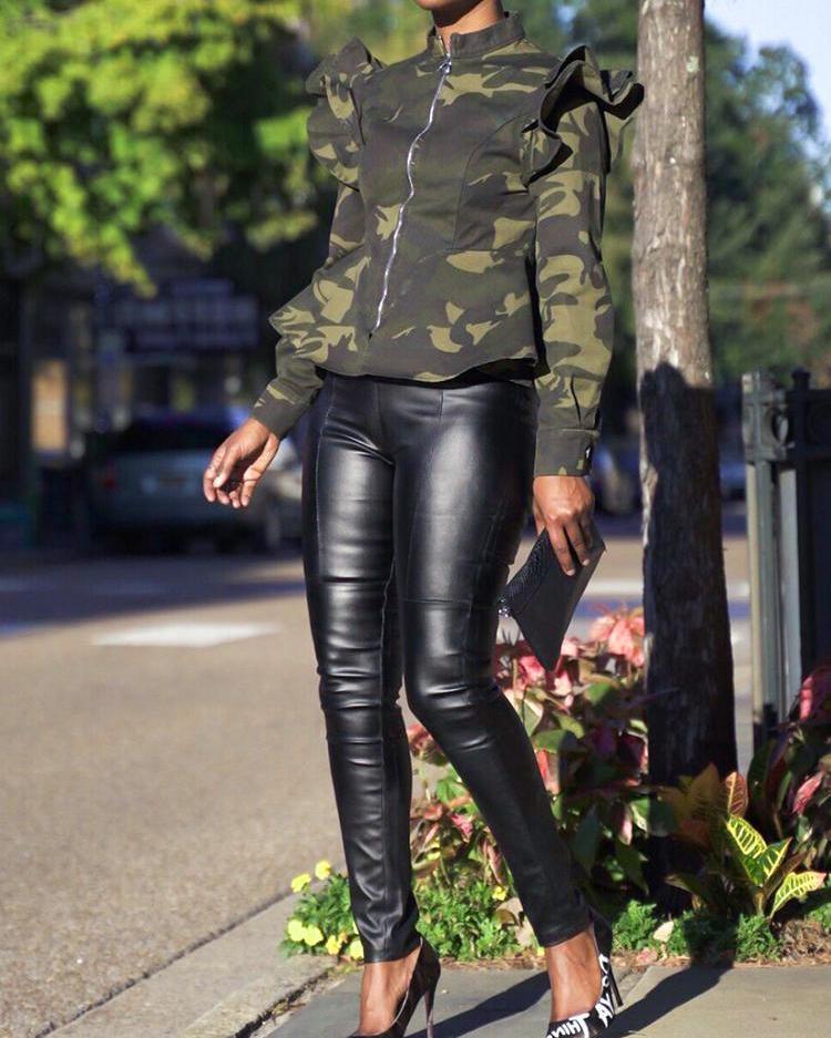 camo print frill hem zipper design bomber jacket