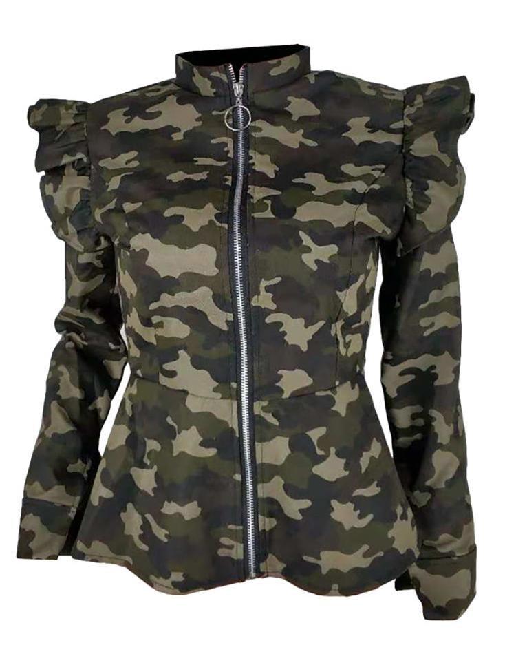 camo print frill hem zipper design bomber jacket