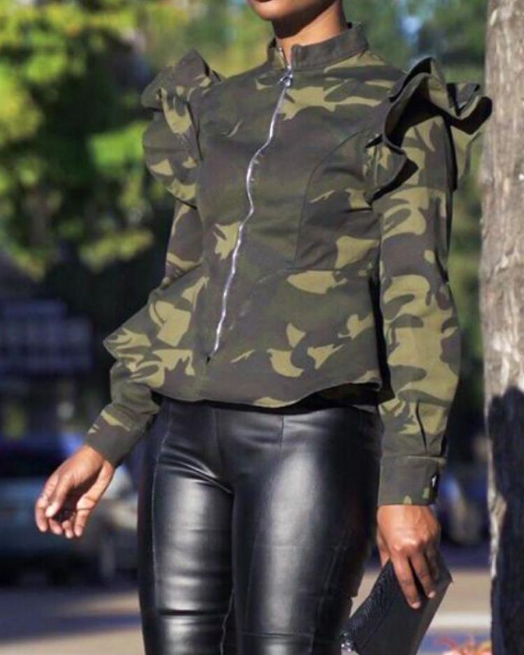 camo print frill hem zipper design bomber jacket