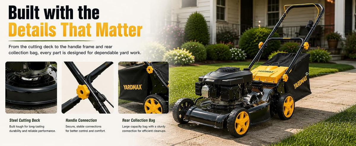 132CC Gas Lawn Mower 16-Inch with 45L Grass Bag and Height Adjustment | 4-stroke engine, 16-inch cutting width, 45L grass bag, 8-position height adjustment for small to medium yards