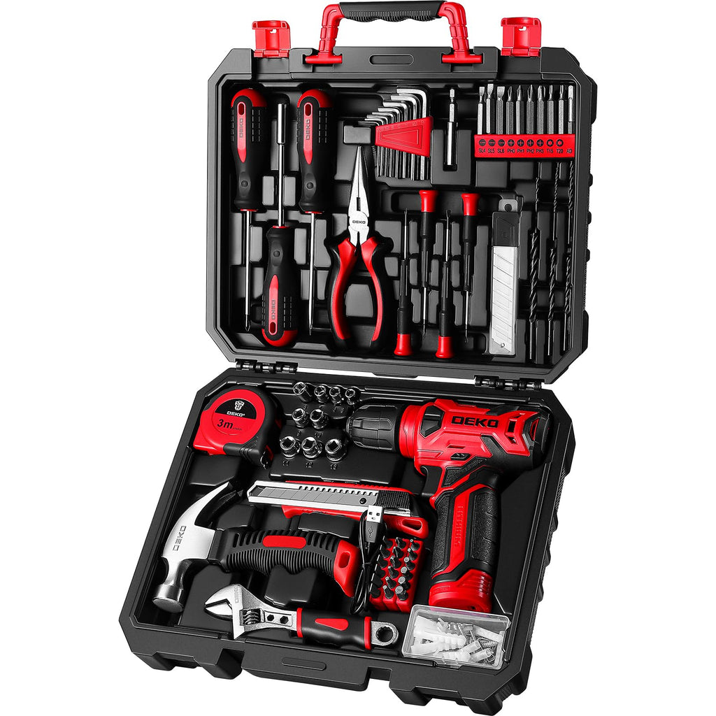 Drill Set: Tool Set with 8V Red Cordless Drill, Home Tool Kit with Drill, Hand Tool Kits for Women 126 Piece