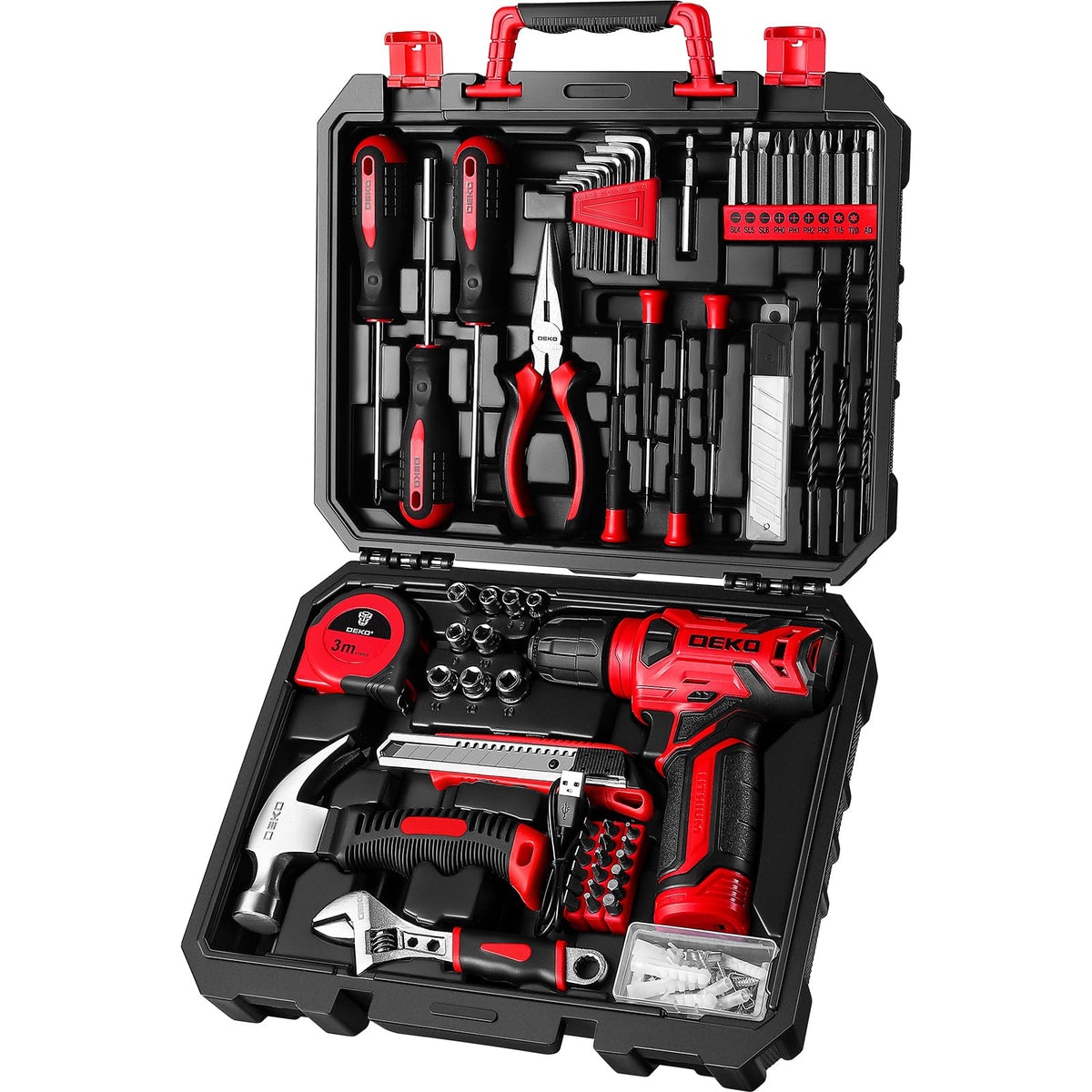 Drill Set: Tool Set with 8V Red Cordless Drill, Home Tool Kit with Drill, Hand Tool Kits for Women 126 Piece
