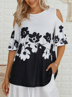 Womens Floral Print Round Neck Short-sleeved T-shirt