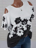 Womens Floral Print Round Neck Short-sleeved T-shirt