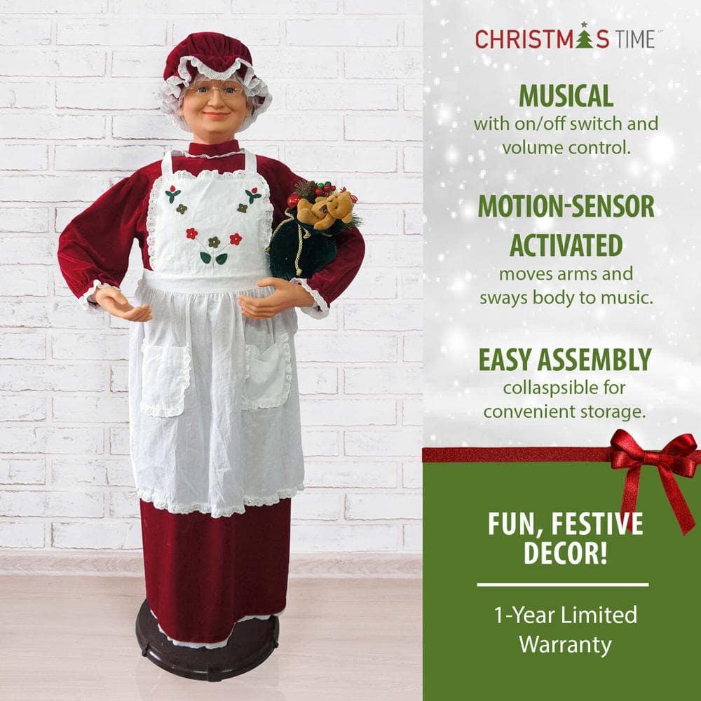 58 in. Christmas Dancing Mrs. Claus with Apron and Gift Sack