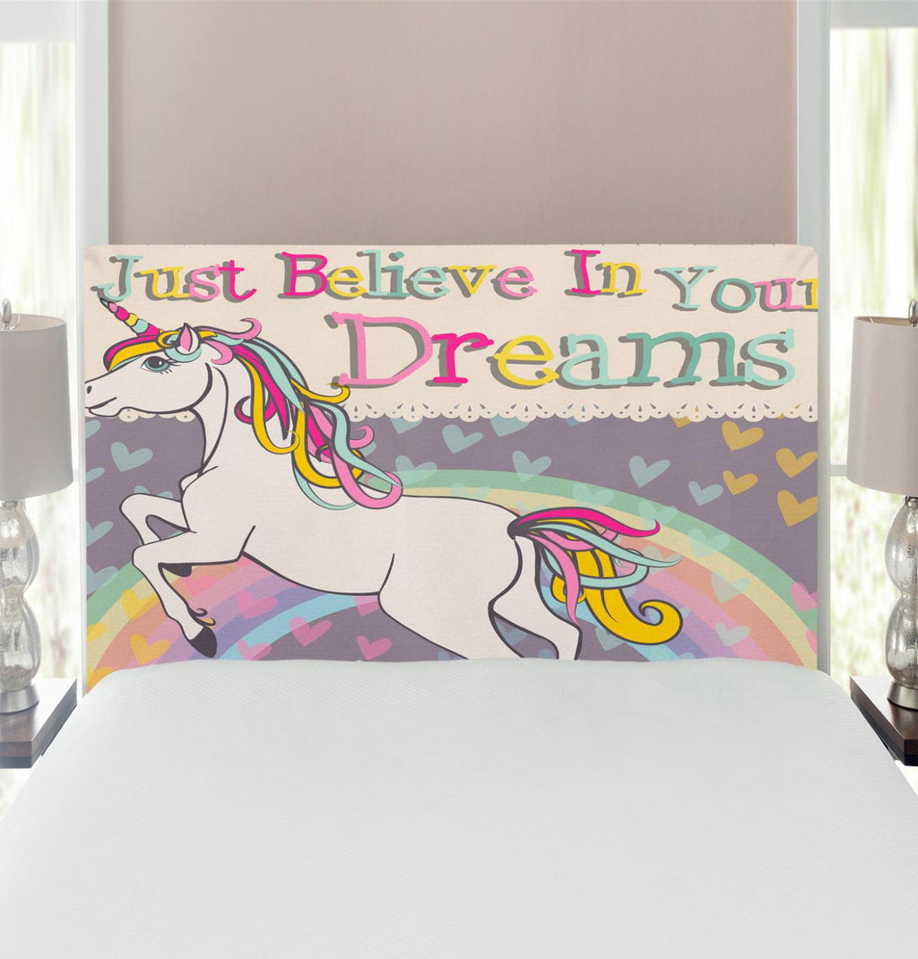 Feminine Headboard, Unicorn Believe in Your Dreams Words Illustration, Upholstered Decorative Metal Bed Headboard with Memory Foam, Twin Size, BeiLilac, by Ambesonne