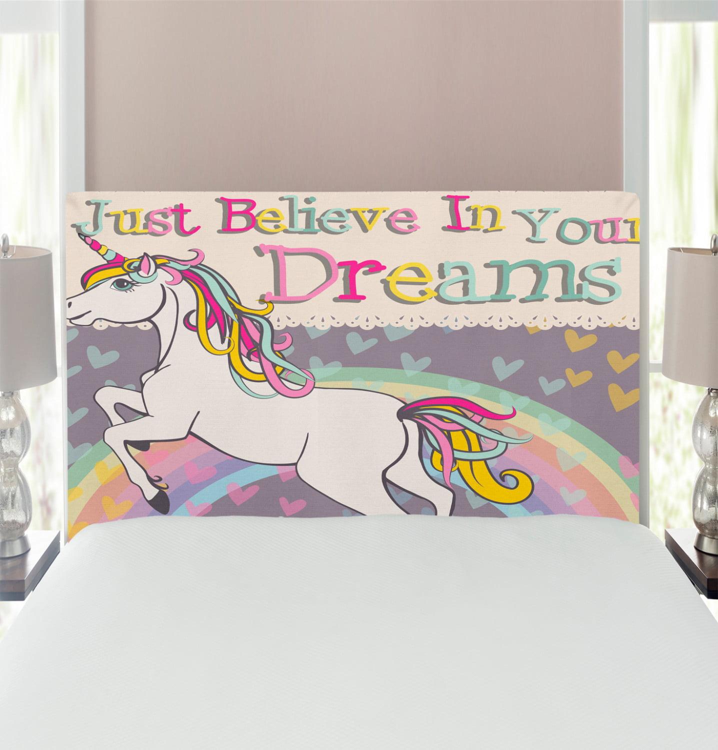 Feminine Headboard, Unicorn Believe in Your Dreams Words Illustration, Upholstered Decorative Metal Bed Headboard with Memory Foam, Twin Size, BeiLilac, by Ambesonne