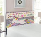 Feminine Headboard, Unicorn Believe in Your Dreams Words Illustration, Upholstered Decorative Metal Bed Headboard with Memory Foam, Twin Size, BeiLilac, by Ambesonne