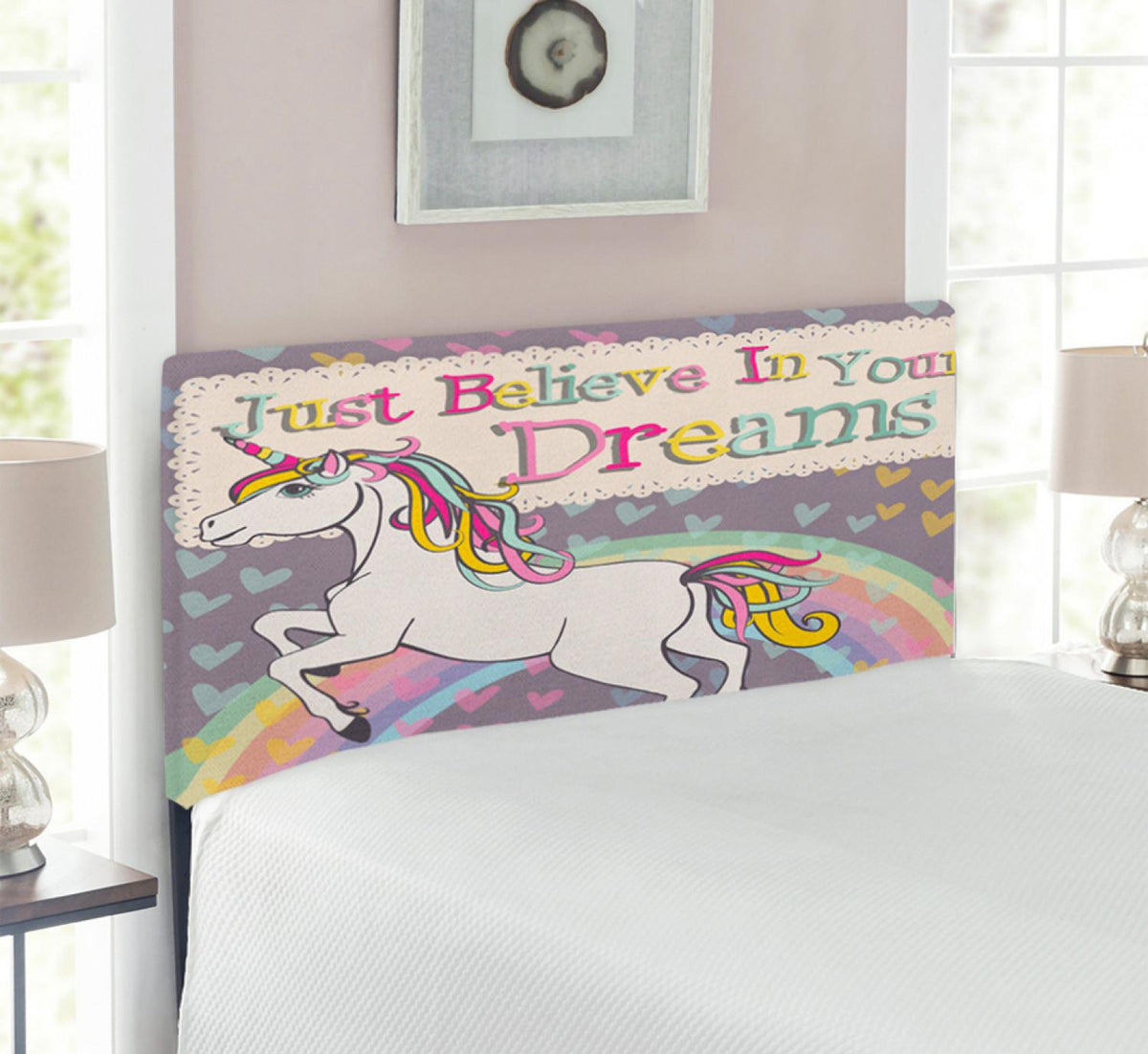 Feminine Headboard, Unicorn Believe in Your Dreams Words Illustration, Upholstered Decorative Metal Bed Headboard with Memory Foam, Twin Size, BeiLilac, by Ambesonne