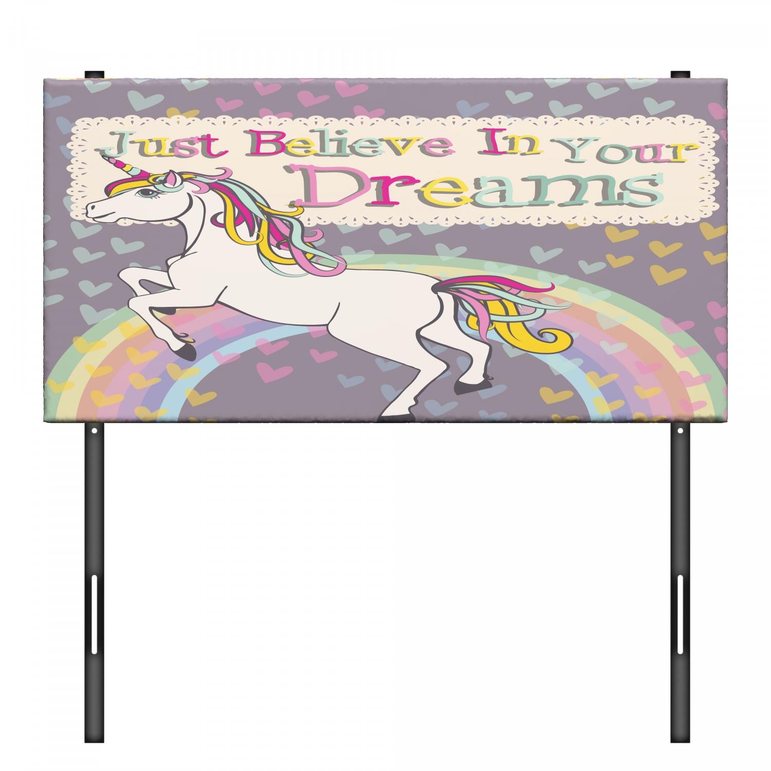 Feminine Headboard, Unicorn Believe in Your Dreams Words Illustration, Upholstered Decorative Metal Bed Headboard with Memory Foam, Twin Size, BeiLilac, by Ambesonne