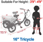 ABORON 16 inch Tricycle Trike Bike, 3 Wheel Bikes, Three-Wheeled Bicycles with Adjustable Height and Rear Basket for Beginner Riders Boys Girls