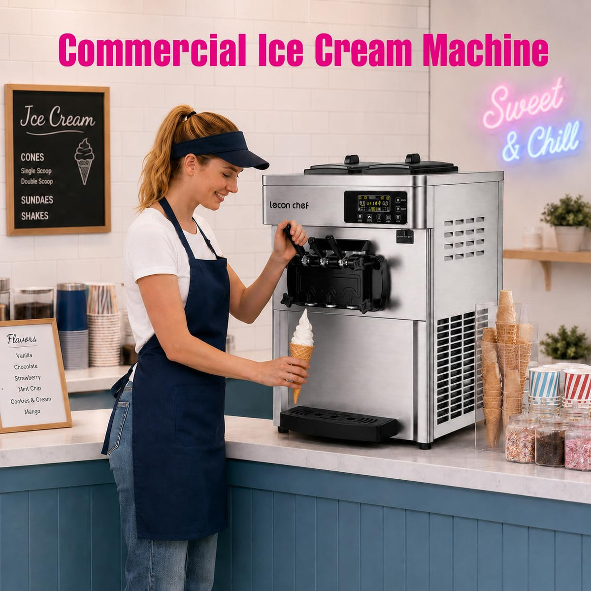 Commercial Ice Cream Machine, 20-28L/H Yield, 2200W 3-Flavor Countertop Soft Serve Ice Cream Maker  Steel, 2 x 6L Hoppers with LED Panel Auto Clean for Restaurants Cafes Snack Bars