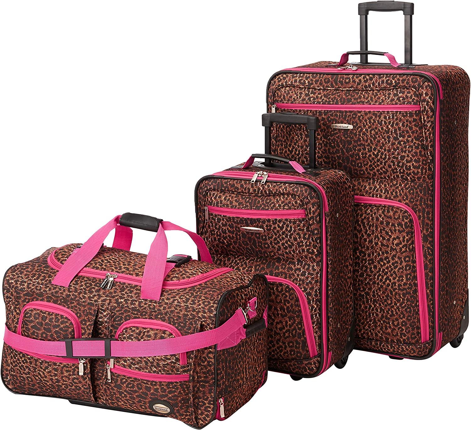 Vara Softside 3-Piece Upright Luggage Set, Pink Leopard, (20/22/28)