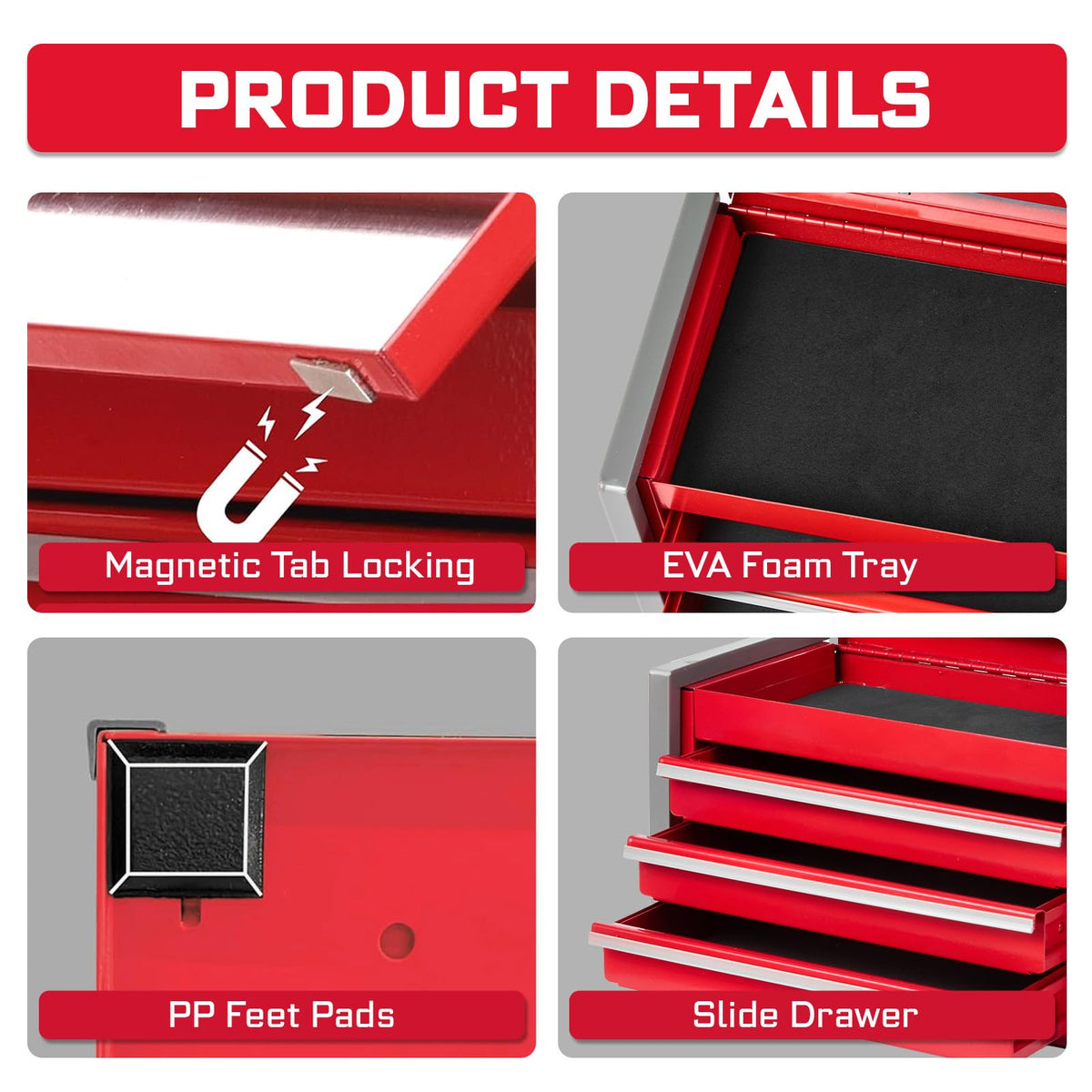 3-Drawer Rolling Red Tool Box, Heavy Duty Micro Roll Cab Steel Stackable Tool Chest with Lockable Drawers, LarCapacity Tool Cabinet for Garage, Workshop, Truck