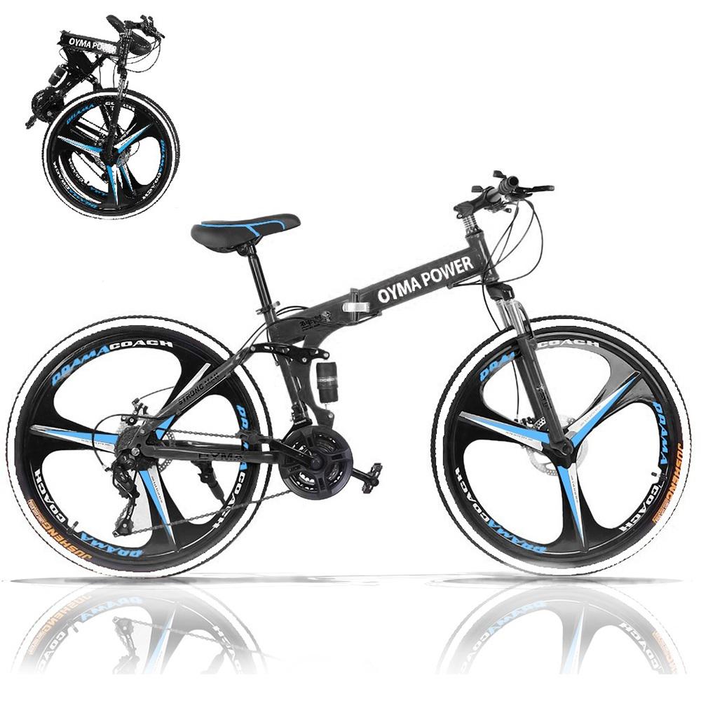 26" Folding Mountain Bike, Mens Bike, 21-Speed Road Bike, Double Disc Brake Full Suspension MTB Bike for Man Women Teen Student, Black