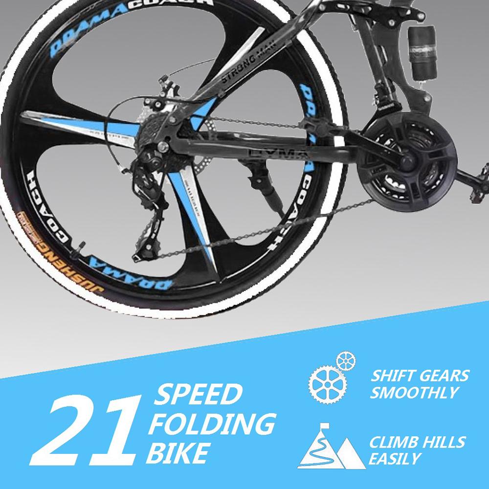 26" Folding Mountain Bike, Mens Bike, 21-Speed Road Bike, Double Disc Brake Full Suspension MTB Bike for Man Women Teen Student, Black