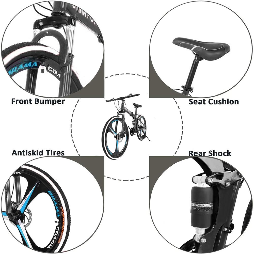 26" Folding Mountain Bike, Mens Bike, 21-Speed Road Bike, Double Disc Brake Full Suspension MTB Bike for Man Women Teen Student, Black