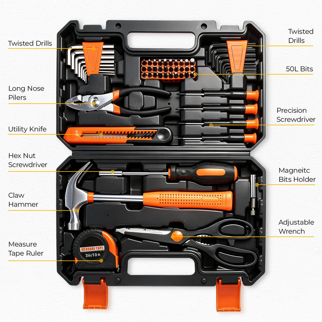 57 Piece Basic Tool Set, Home Repair Hand Tool Kit, General Household Tool Box, Portable Toolbox with StoraCase for Homeowner, DIY, Handyman, Women, Men