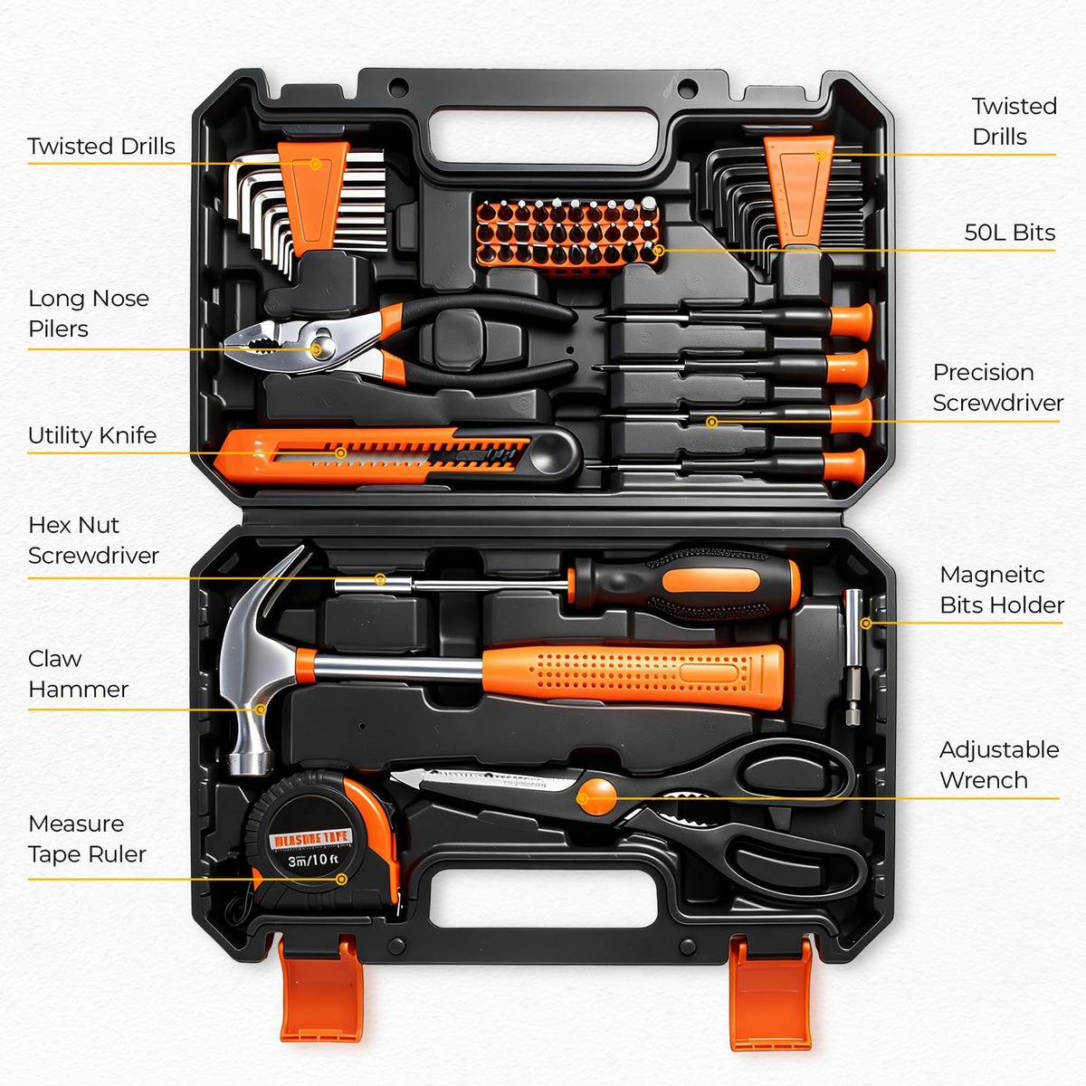 57 Piece Basic Tool Set, Home Repair Hand Tool Kit, General Household Tool Box, Portable Toolbox with StoraCase for Homeowner, DIY, Handyman, Women, Men