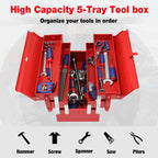 Metal Tool Box, 18-inch Cantilever Folding Red StoraBox, 3-Layer 5-Tray Multi-Function Tool Organizer, Red