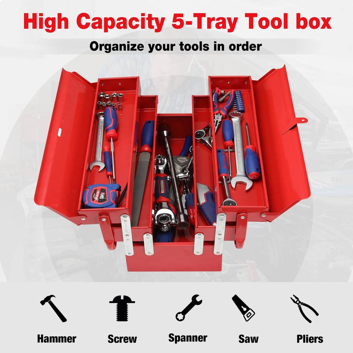 Metal Tool Box, 18-inch Cantilever Folding Red StoraBox, 3-Layer 5-Tray Multi-Function Tool Organizer, Red