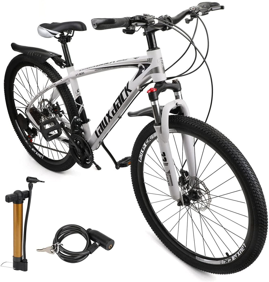 VIPIH Mens Mountain Bike 27.5-Inch Wheels, Aluminum Frame, 21 Speed Thumb Shifter, Front Suspension, Dual Disc Brakes Women Adult Bicycles Black-White w/mudguards, Bike Lock, Air Pump