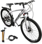 VIPIH Mens Mountain Bike 27.5-Inch Wheels, Aluminum Frame, 21 Speed Thumb Shifter, Front Suspension, Dual Disc Brakes Women Adult Bicycles Black-White w/mudguards, Bike Lock, Air Pump