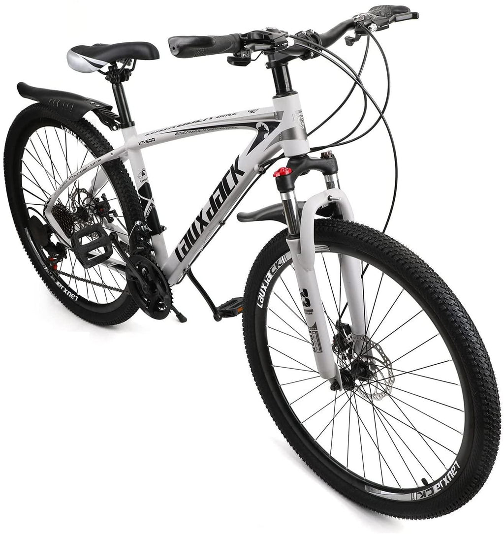 VIPIH Mens Mountain Bike 27.5-Inch Wheels, Aluminum Frame, 21 Speed Thumb Shifter, Front Suspension, Dual Disc Brakes Women Adult Bicycles Black-White w/mudguards, Bike Lock, Air Pump