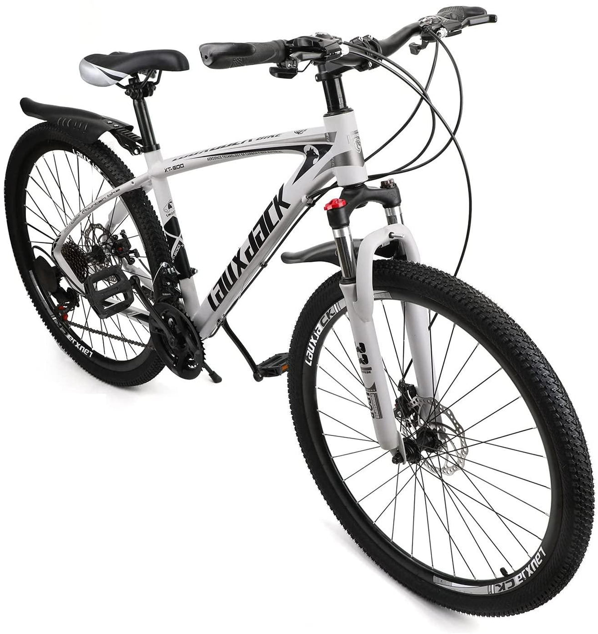 VIPIH Mens Mountain Bike 27.5-Inch Wheels, Aluminum Frame, 21 Speed Thumb Shifter, Front Suspension, Dual Disc Brakes Women Adult Bicycles Black-White w/mudguards, Bike Lock, Air Pump
