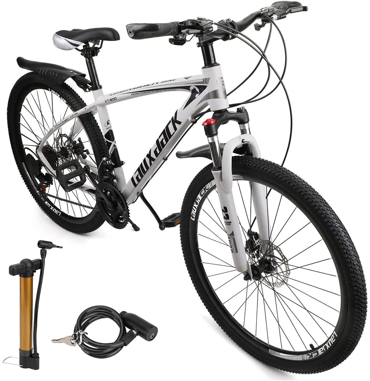 VIPIH Mens Mountain Bike 27.5-Inch Wheels, Aluminum Frame, 21 Speed Thumb Shifter, Front Suspension, Dual Disc Brakes Women Adult Bicycles Black-White w/mudguards, Bike Lock, Air Pump
