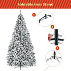 9ft Premium Snow Flocked Hinged Artificial Christmas Tree Unlit w/ Metal Stand