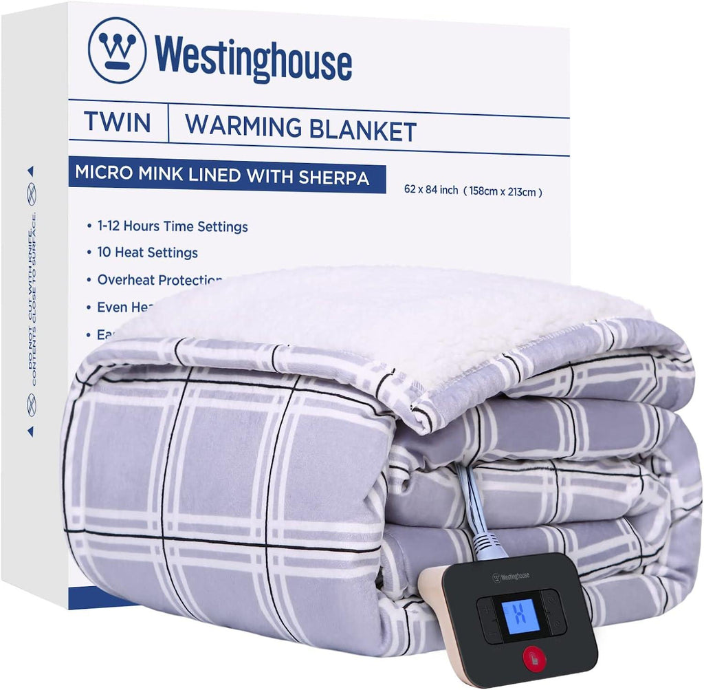 Electric Blanket Heated Blanket, Plaid Sherpa Heating Blanket, 10 Heat Settings &amp; 1-12 Hours Time Settings, Grey Plaid, 62" x 84" Twin Size