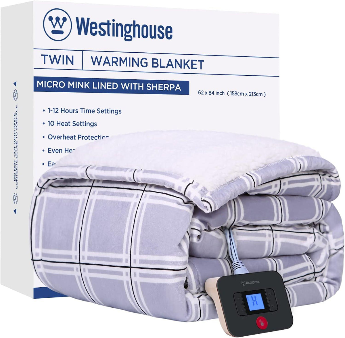 Electric Blanket Heated Blanket, Plaid Sherpa Heating Blanket, 10 Heat Settings &amp; 1-12 Hours Time Settings, Grey Plaid, 62" x 84" Twin Size