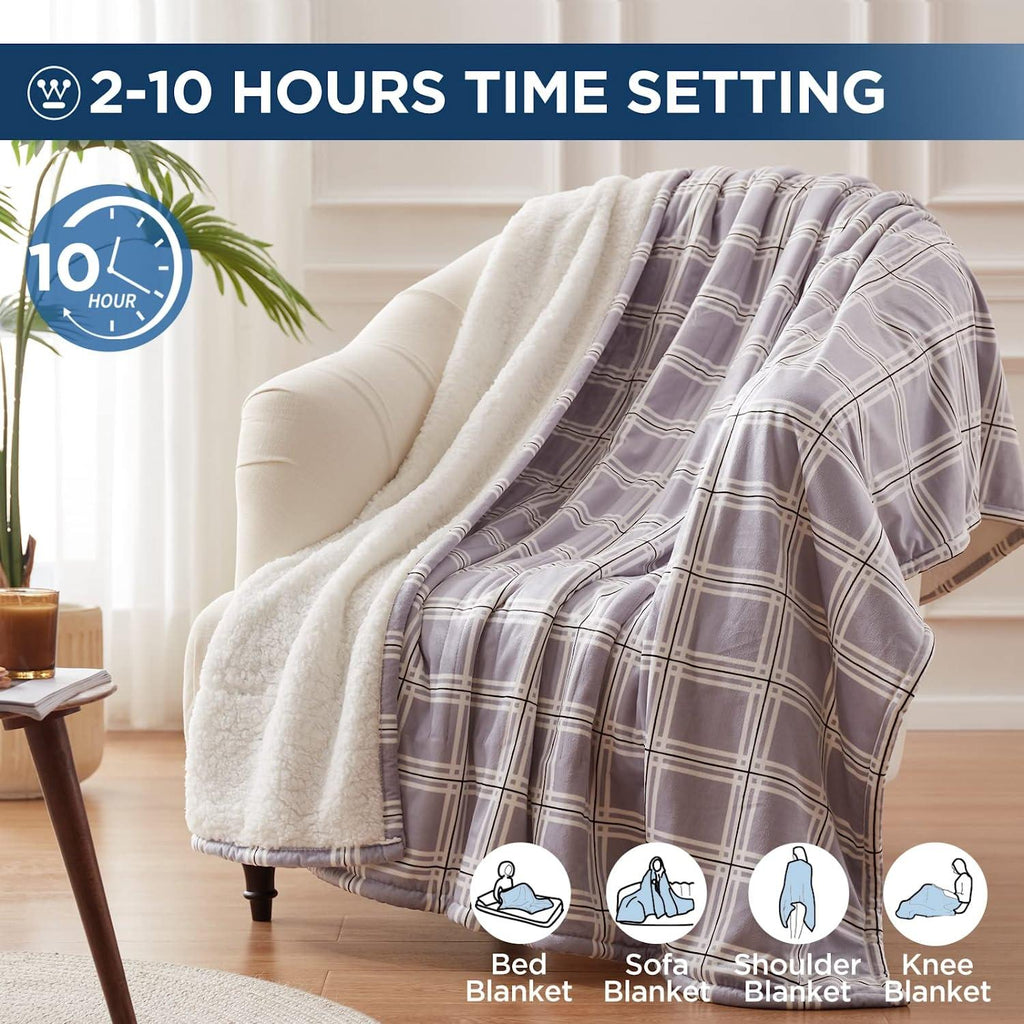 Electric Blanket Heated Blanket, Plaid Sherpa Heating Blanket, 10 Heat Settings &amp; 1-12 Hours Time Settings, Grey Plaid, 62" x 84" Twin Size