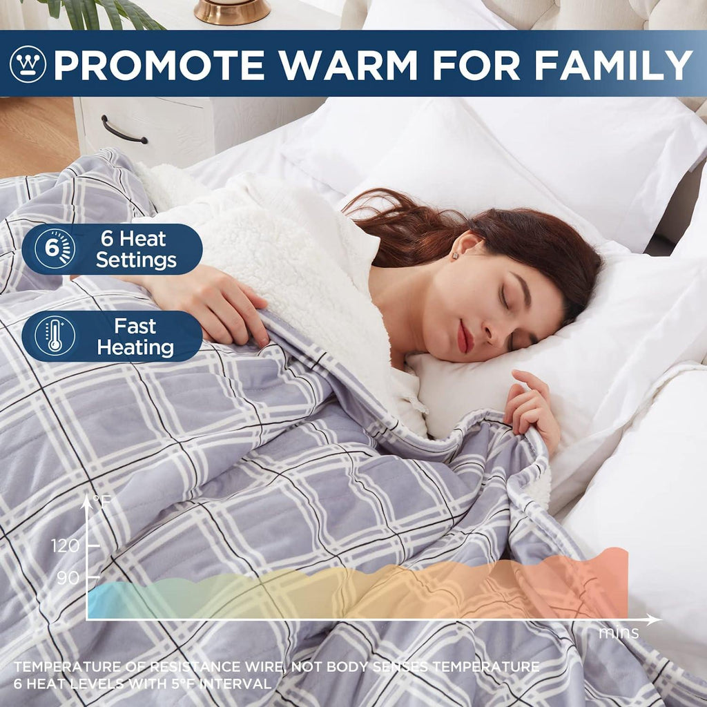 Electric Blanket Heated Blanket, Plaid Sherpa Heating Blanket, 10 Heat Settings &amp; 1-12 Hours Time Settings, Grey Plaid, 62" x 84" Twin Size