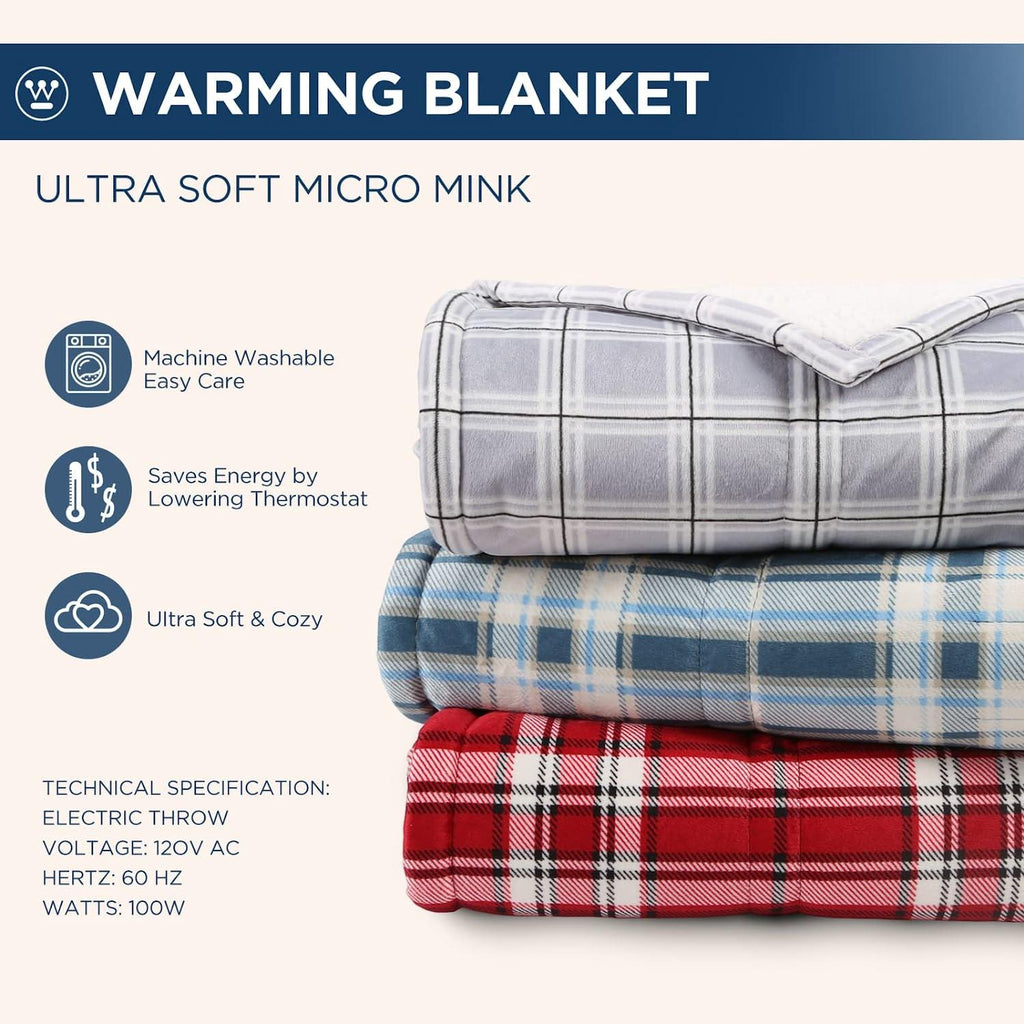 Electric Blanket Heated Blanket, Plaid Sherpa Heating Blanket, 10 Heat Settings &amp; 1-12 Hours Time Settings, Grey Plaid, 62" x 84" Twin Size