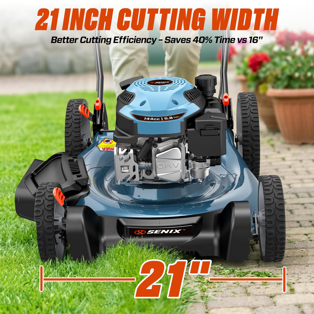 144 cc Gas Lawn Mower, 21 inch 2-in-1 Push with Mulching and Side Discharge, 4-Cycle Engine, 6 Position Cutting Height Adjustment for Yard and Garden