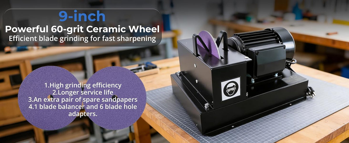 Lawn Mower Blade Sharpener, 1HP 750W Bench Grinder with 9-Inch Ceramic Wheel, 30°/40° Angle Brackets, for High/Low Lift, Gator &amp; Flat Blades, with Extra Replacement Sandpapers
