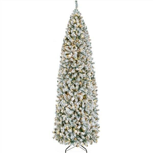 9ft Prelit Snow Flocked Artificial Christmas Tree Pencil Fir Tree with Stand
